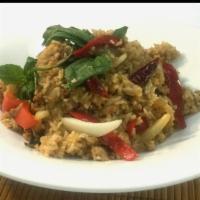 Spicy Basil Fried Rice · Spicy fried rice / basil sauce / basil leaves / onion / egg / fresh bell pepper 
Choice of; ...