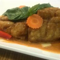 Pla Kang Dang · Mild Spicy. Crispy Fillet  Fish in red curry / coconut milk / bamboo shoots / carrot / bell ...