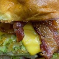 Bacon Cali Cheese Smashmouth · Our signature smashed hamburger patty topped with bacon, avocado, lettuce, tomato, onion, pi...