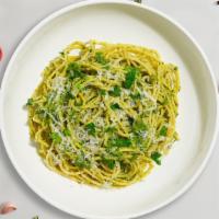 Pesto To Make You Gusto · Fresh basil leaves, garlic, grated parmesan cooked with spaghetti.  Served with garlic bread.