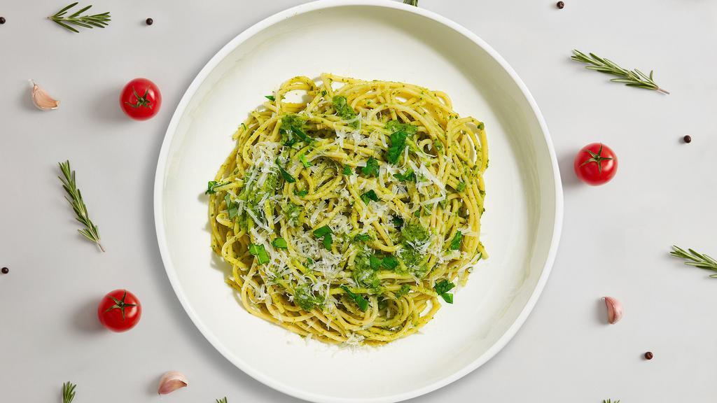 Pesto To Make You Gusto · Fresh basil leaves, garlic, grated parmesan cooked with spaghetti.  Served with garlic bread.