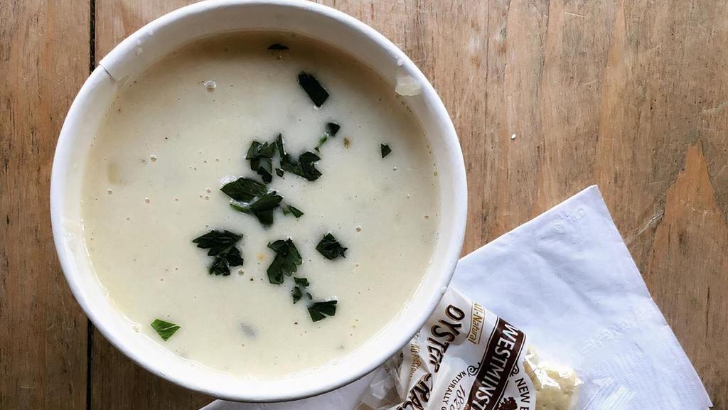 New England Clam Chowder · Bowl of home made new england style clam chowder.