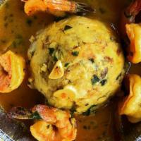 Shrimp Mofongo · Sautéed shrimps served with mashed plantains, dates and baby shrimps, saffron aioli sauce.