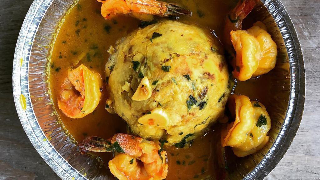 Shrimp Mofongo · Sautéed shrimps served with mashed plantains, dates and baby shrimps, saffron aioli sauce.