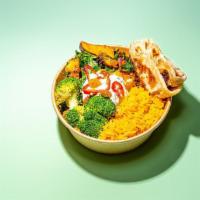 Veggie Bowl · Steamed Broccoli, Jollof Basmati Rice, Wok Veggies, Vegan Coconut Yogurt, Sweet Plantains, G...