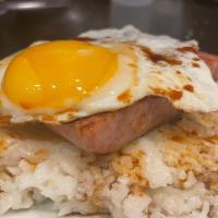 Spam Loco Moco · Grilled Spam over rice, with brown gravy and a sunny side up egg.