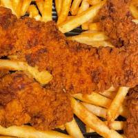 Fingers And Fries · Golden brown chicken fingers served with fries.