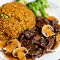 Beef Teriyaki · Served with steamed rice, mushroom, and mixed vegetables.
