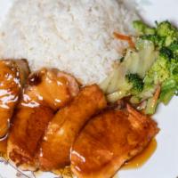 Salmon Teriyaki · Served with steamed rice and mixed vegetables.