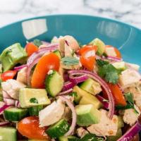 Chicken Avocado Salad · Fresh dice avocados, red onions, dice roma tomatoes, red and green peppers and extra virgin ...