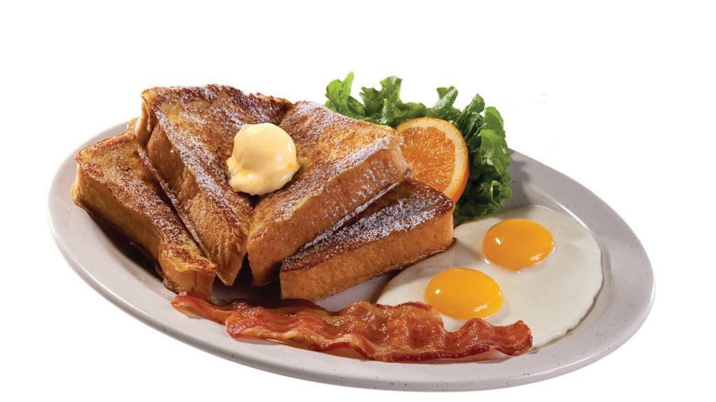 French Toast Combo · Thick slices of bread cooked until golden brown. Served with, fried eggs, and bacon