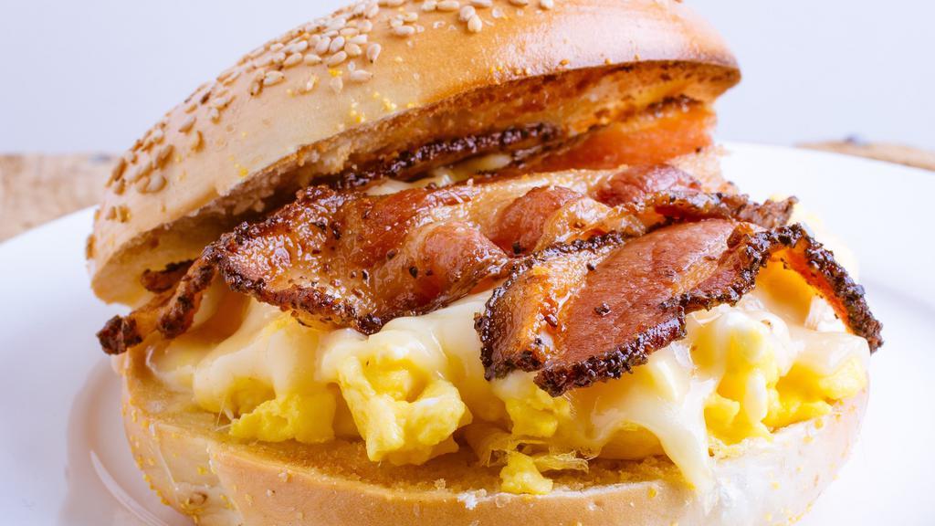 Bacon, Egg & Cheese Sandwich  · Crisp bacon, 2 egg, melted American cheese, salt and pepper.