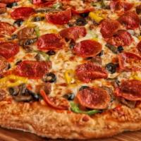 Supreme · Pepperoni, Sausage, Red Onions, Green Peppers, Banana Peppers, Sautéed Mushrooms, Black Oliv...
