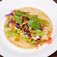 Shrimp Taco · Soft Corn Tortilla, Shrimp Marinated in Guajillo Sauce, Pico de Gallo, Cabbage, Chipotle Sau...