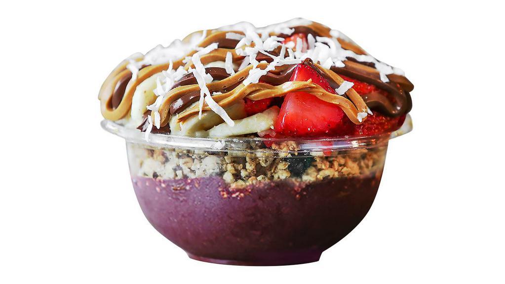 Byok Frutella · Our most popular Bowl! Indulge yourself with our organic Acaí and banana base topped with granola, banana, strawberry, Nutella, peanut butter, and coconut flakes.