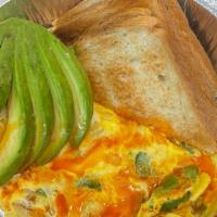 Mexican Omelette · Eggs and cheese with pepper, onion, jalapeno, hot sauce.