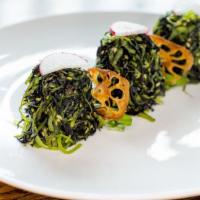 Seaweed Salad · Hijiki (black seaweed), wakame (green seaweed), sesame and soy.