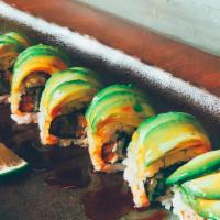 Dragon Roll · Eight pieces maki roll. BBQ eel, avocado and eel sauce.