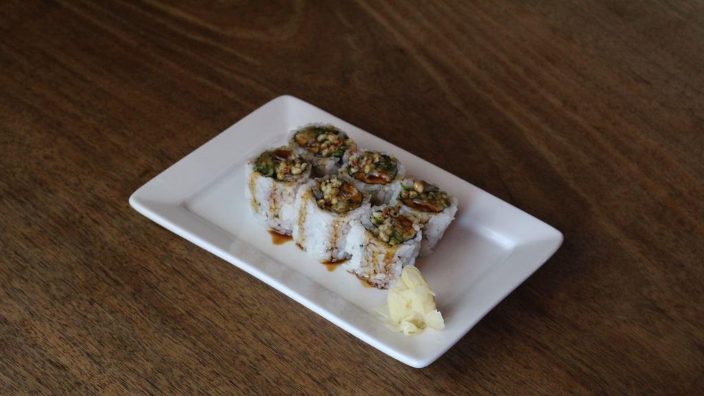 Una 10 Roll · Six pieces cut maki roll. BBQ eel, cucumber, tempura flakes, and eel sauce.