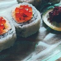 Oyako · Roasted salmon, mayo, tempura flakes, cucumber, ikura
