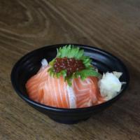 Oyako Bowl · Salmon and ikura over sushi rice.