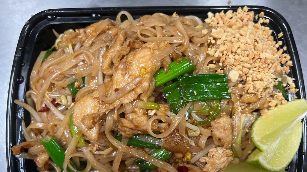 T 4. Pad Thai · Hot & spicy. Stir-fried Thai noodles with shrimp, egg, bean sprout, dry tofu & topped ground peanut.