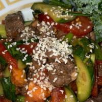 Fergana Salad · Cucumber,tomato,meat,onion,green,bell peppers,sesame.