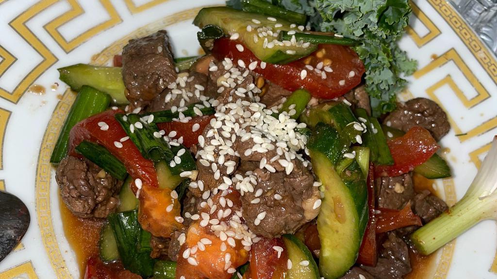 Fergana Salad · Cucumber,tomato,meat,onion,green,bell peppers,sesame.