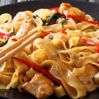 Kee' Mao · Spicy basil noodles. Spicy pan-fried flat rice noodles with spicy sauce, tomatoes, basil, eg...