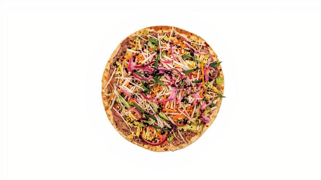 Mandarin · red bean & veggie blend, spread on thin lavash bread topped with napa cabbage, carrots, shiitake mushrooms, pickled red onion, scallions and sesame seeds with hoisin-vinaigrette dressing