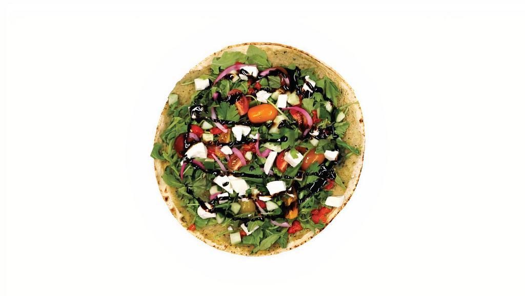 Gluten-Free Jersey · white bean & nut-free pesto blend, spread on thin lavash bread topped with arugula, fresh mozzarella, Jersey tomatoes, cucumbers, roasted red peppers, pickled red onions and fresh basil with fig glaze balsamic (gluten-free)