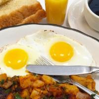 2 Eggs Any Style, Home Fries · All day Breakfast Special: Served with home fries and our own challah bread w/butter, orange...
