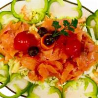 Nova Lox Salad · Smoked lox, iceberg lettuce, tomatoes, onion, w lemon or dressing.