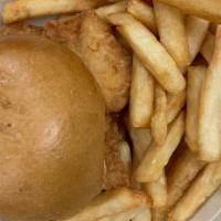 Halal Chicken Burger · Halal crispy chicken, potato bun, lettuce, pickle, house mayo blend, french fries
