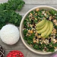 Power Quinoa Salad · Organic quinoa, kale, avocado, black bean corn salsa, vegan cheese, cucumber, and chickpeas.