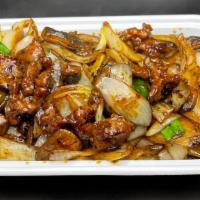 Mongolian Beef · Spicy. Beef with onion, scallion and mushroom in spicy sauce.
