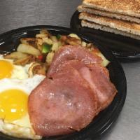 Two Eggs Any Style With Taylor Ham · Served with Home Fries & White Toast