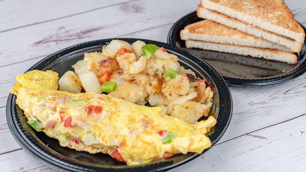 Bacon Omelet · 3 Egg Omelet Served with Home Fries & White Toast