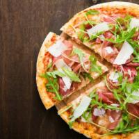 Pizza A La Prosciutto E Rustica · Thinly sliced prosciutto, roasted peppers, sun-dried tomatoes, sauce, and fresh mozzarella c...