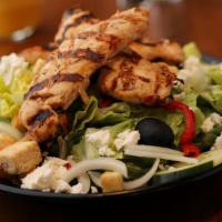 Greek Salad With Chicken · Fresh iceberg, Romaine lettuce, tomatoes, cucumbers, bell peppers and onions, topped with ch...