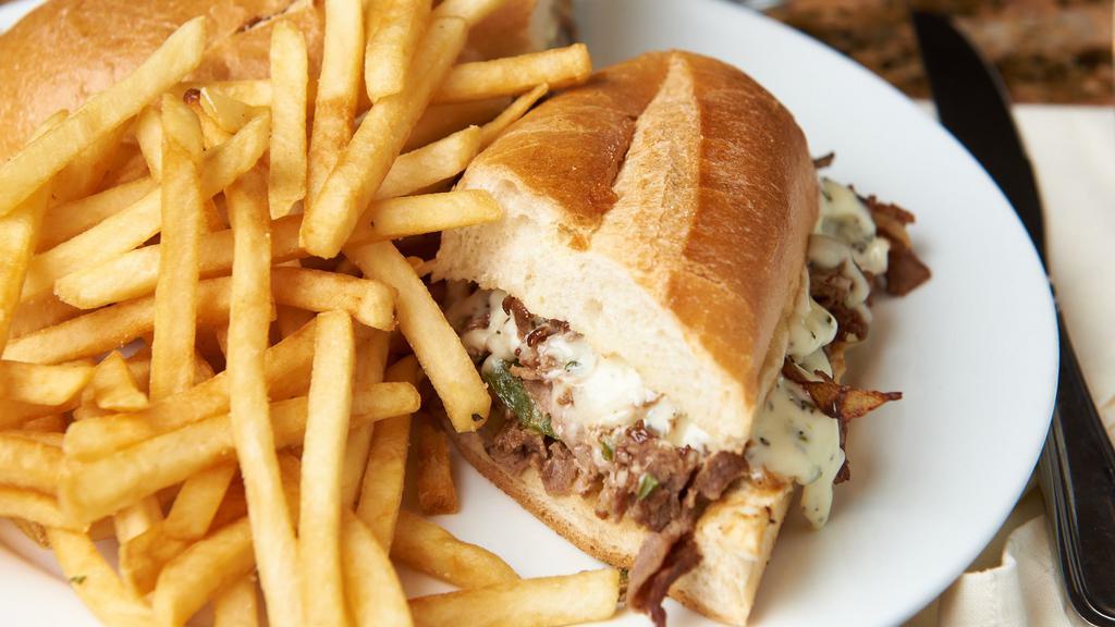 Steakhouse Mozzarella Sandwich · Sautéed steak, onions, and mushrooms topped with fresh melted mozzarella cheese on a hero with herb mayo