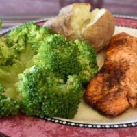 Salmon Filet · With lemon butter sauce (broiled).
Shown w/broccoli & baked potato