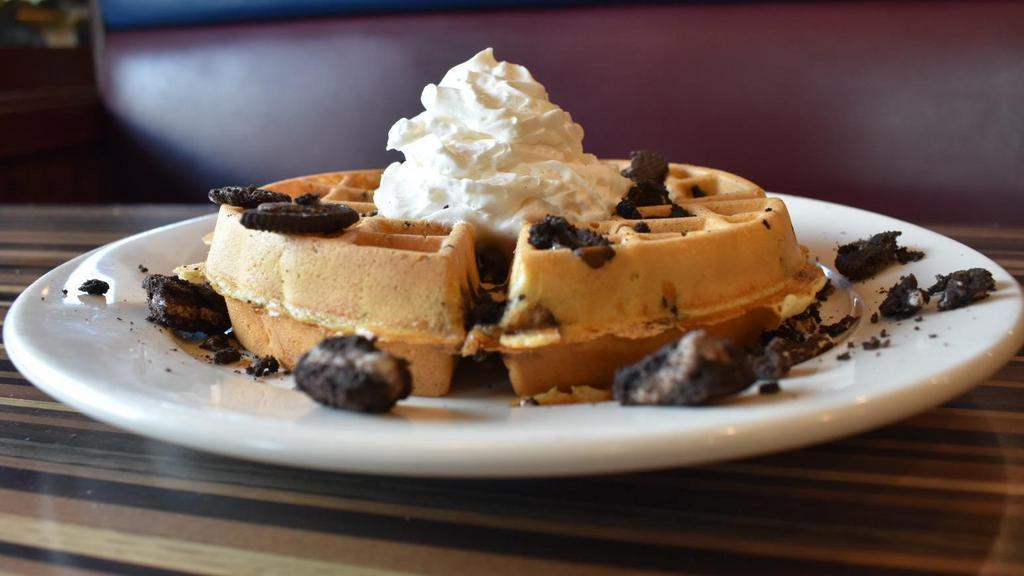 Oreo Waffle · Topped with whipped cream & chocolate syrup.