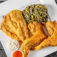 Fish & Chicken Combo With 2 Sides · Two pieces fish and two chicken wings.
