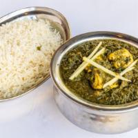 Palak Paneer · Vegan, gluten free. Fresh baby spinach and cubes of cottage cheese cooked with onions, ginge...