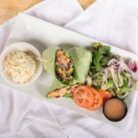 Sriracha Salmon Wrap · Pan Roasted with Sriracha Dust, Spinach, Black Bean Corn. Relish, Baby Greens and Sweet and ...