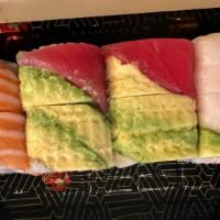 Rainbow Roll(8Pcs) · tuna, salmon &white tuna and avocado on top of California roll