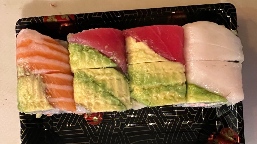 Rainbow Roll(8Pcs) · tuna, salmon &white tuna and avocado on top of California roll