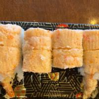 Hawaii Roll(8Pcs) · shrimp tempura inside, lobster salad & eel sauce on top