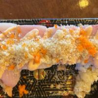Hello Yellowtail Roll(8Pcs) · shrimp tempura inside, yellowtail avocado and crunchy with fish egg spicy mayo on top